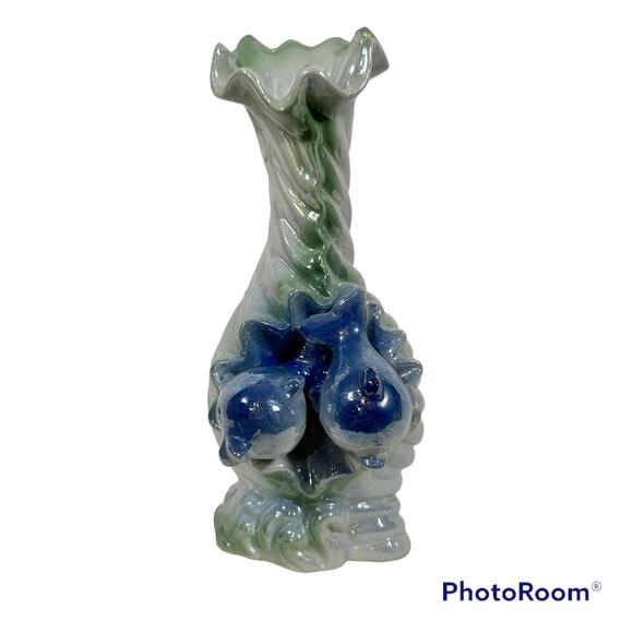 VTG Ceramic Iridescent Blue Sea Ocean Wave 2 Dolphins Scallop Shell Bud Vase - Picture 1 of 11